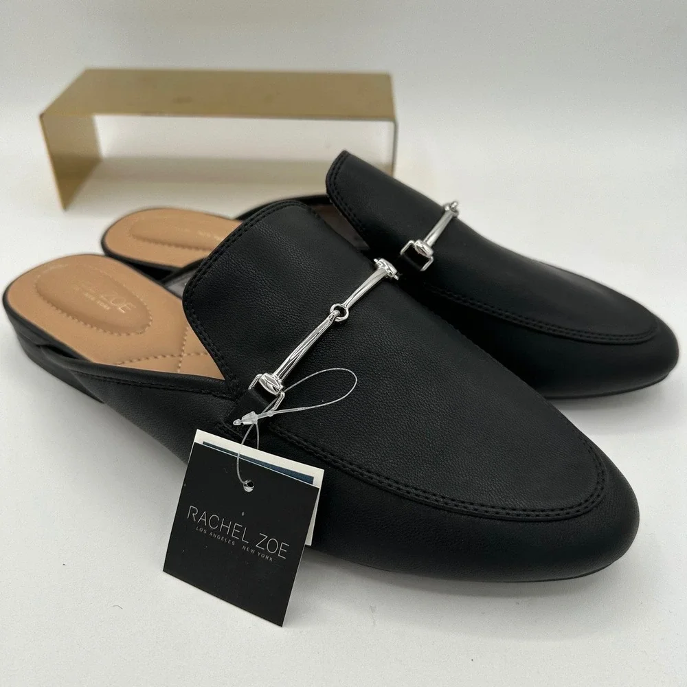 RACHEL ZOE Alani Black Faux Leather Mules Silver Horsebit Buckle Detail NWT 10 - Picture 2 of 12